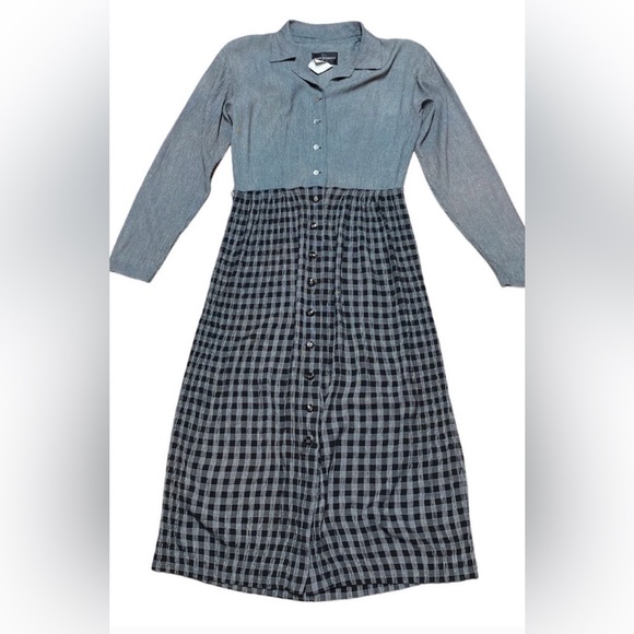John Roberts Vintage Black Plaid Long Sleeve Maxi Dress Size 8 - Picture 1 of 2